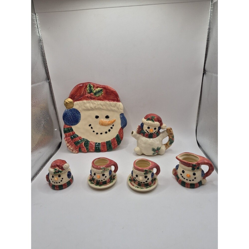 Vintage Snowman Miniature Tea Set & Platter 6pc Christmas Serveware Set